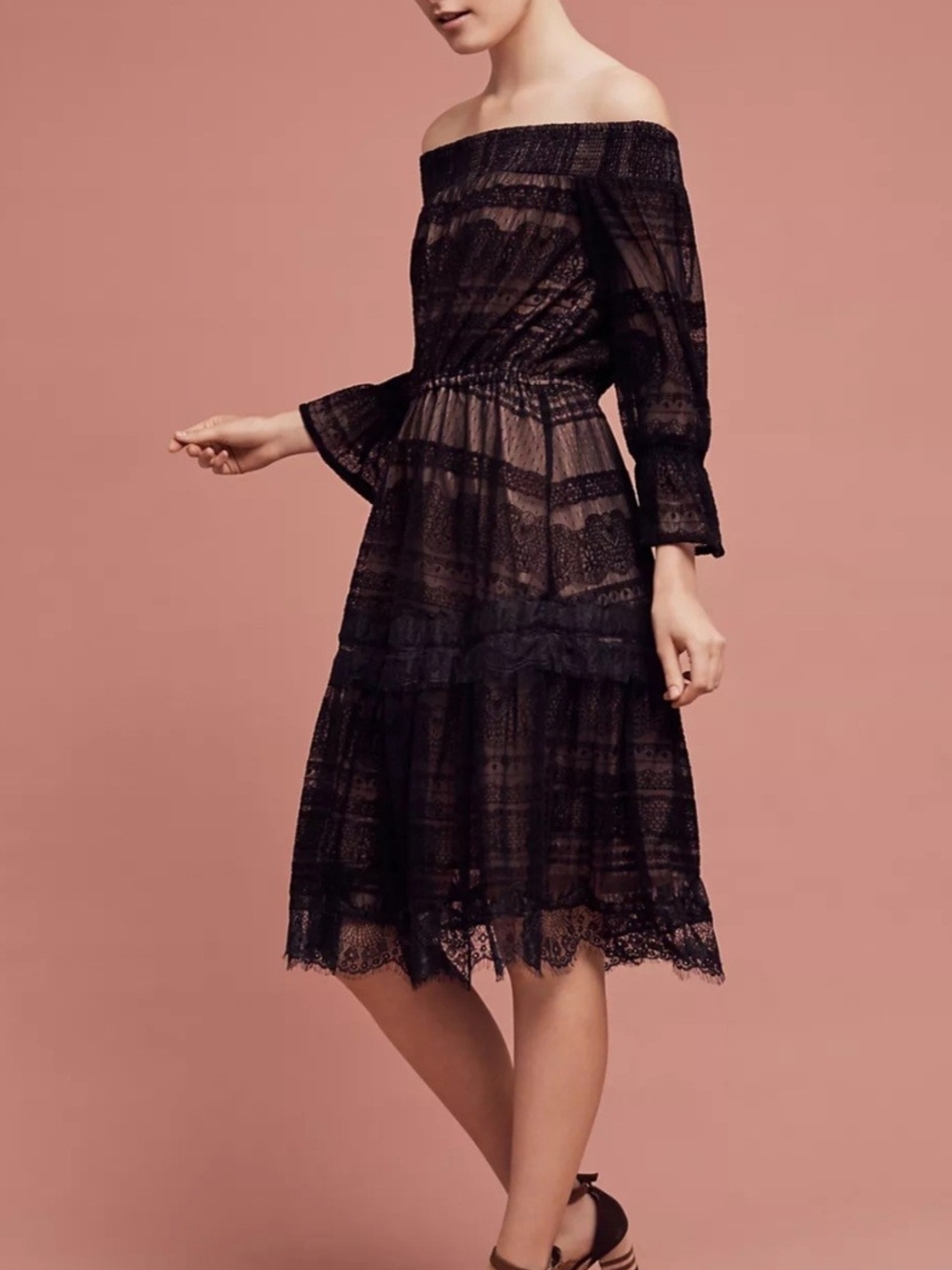 Anthropologie HD in Paris Black Off-Shoulder Lace Midi Dress